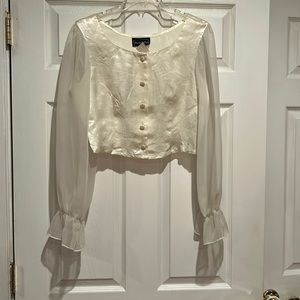 Anxiety Ivory Satiny Midriff Blouse with Long Chiffon Sleeves Sz M